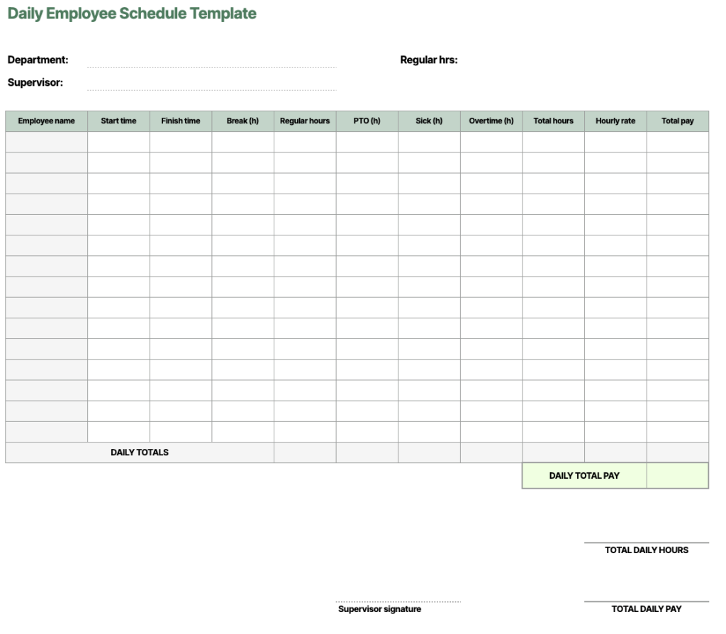 plantilla de horario diario de los empleados