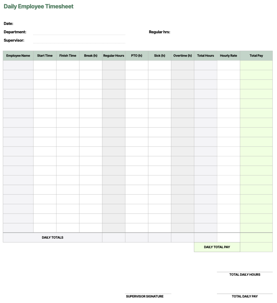 modèle de feuille de temps journalière pour les employés