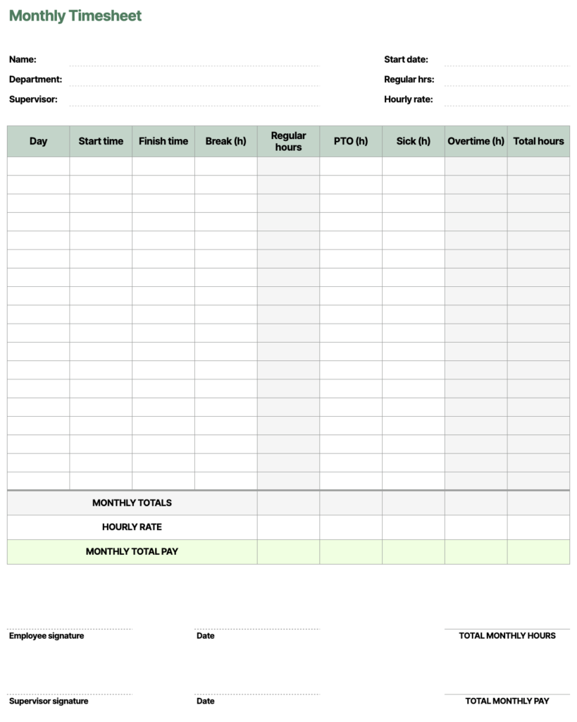 modello di timesheet mensile