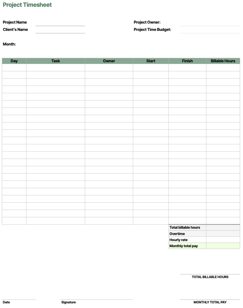 modello di timesheet di progetto