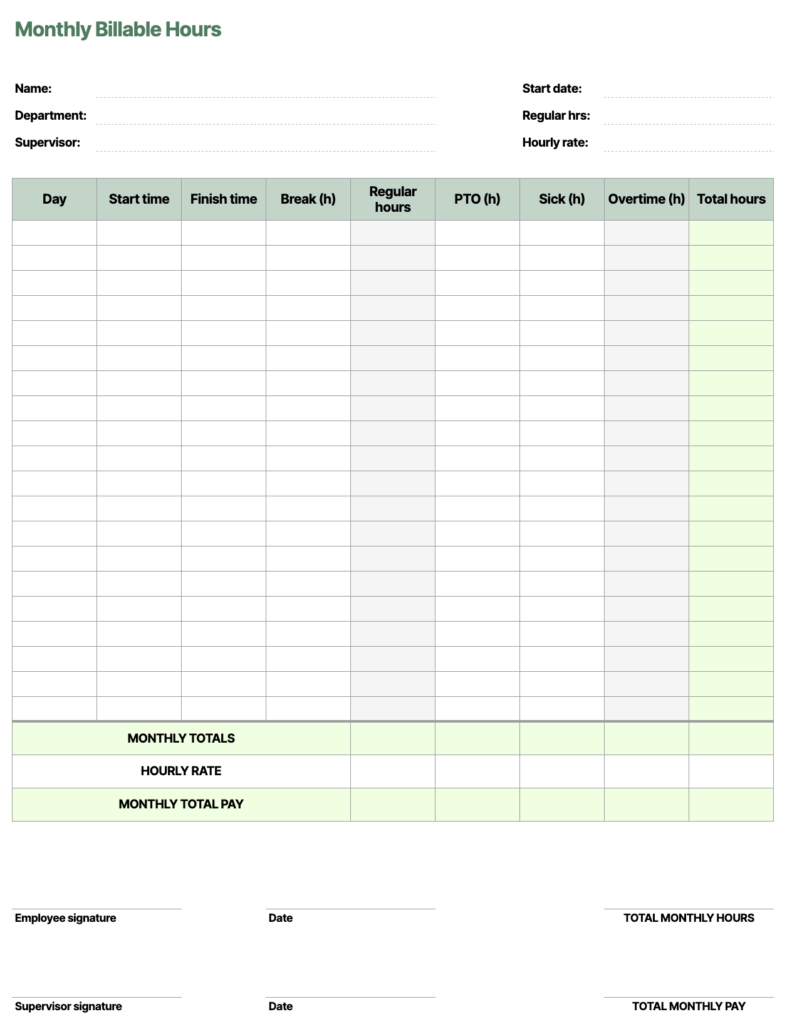 monthly billable hours template