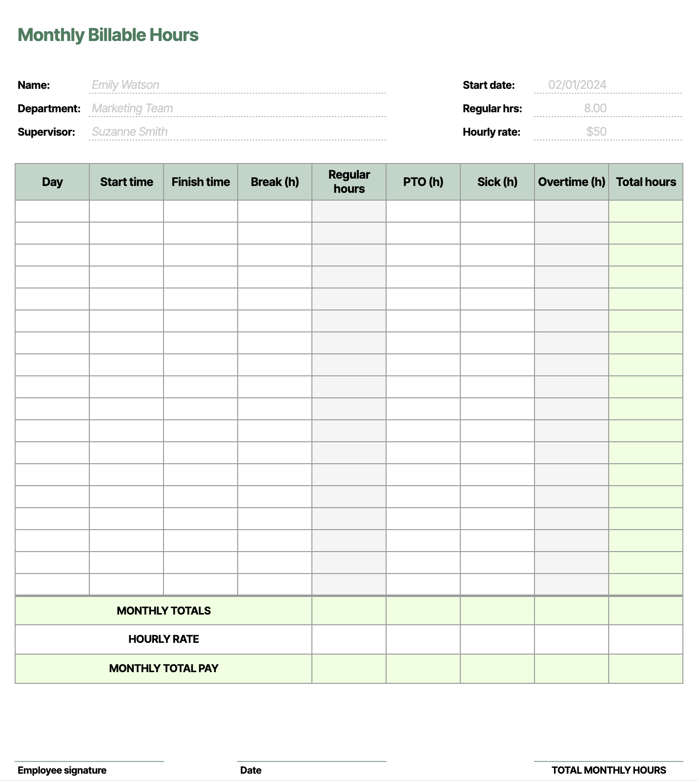 monthly billable hours template