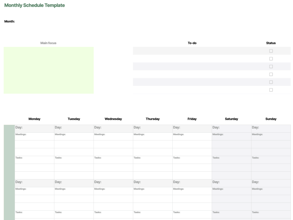 monthly schedule template