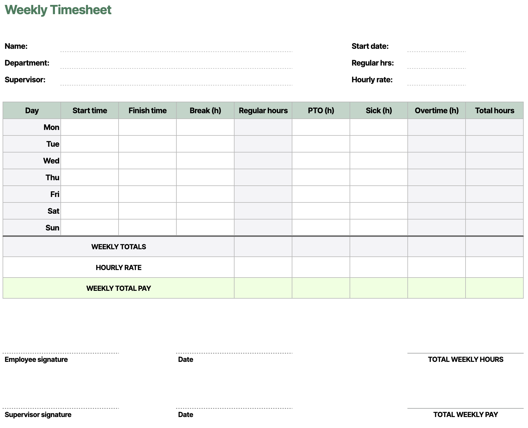 modello di timesheet settimanale