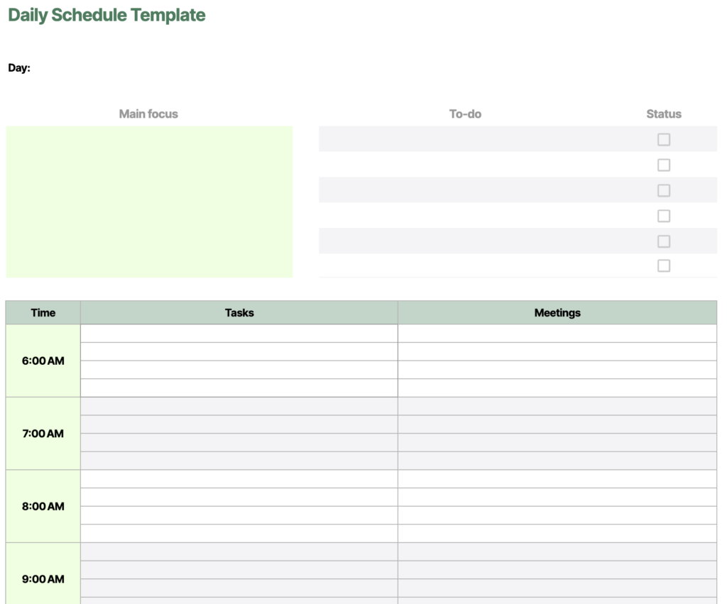 daily work schedule printable